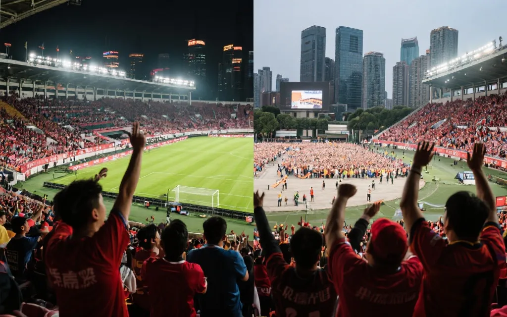 球迷在城市广场观赛与球场内声浪的对比画面